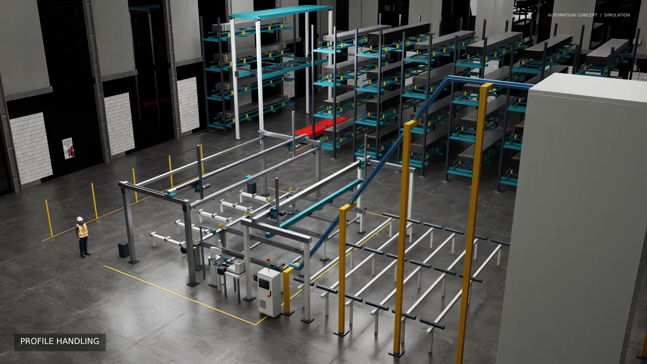 Simulated profile-handling cell with a storage rack, transfer gantries and a vertical coating line